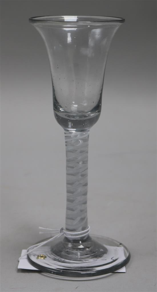 A cordial glass, c.1760, with bell bowl, double series opaque twist stem, 6in.